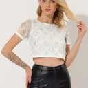Allegra K Women's Sequin Shiny Glitter Crop Top Christmas Short Sleeves Sexy Party Tassel T-Shirt M