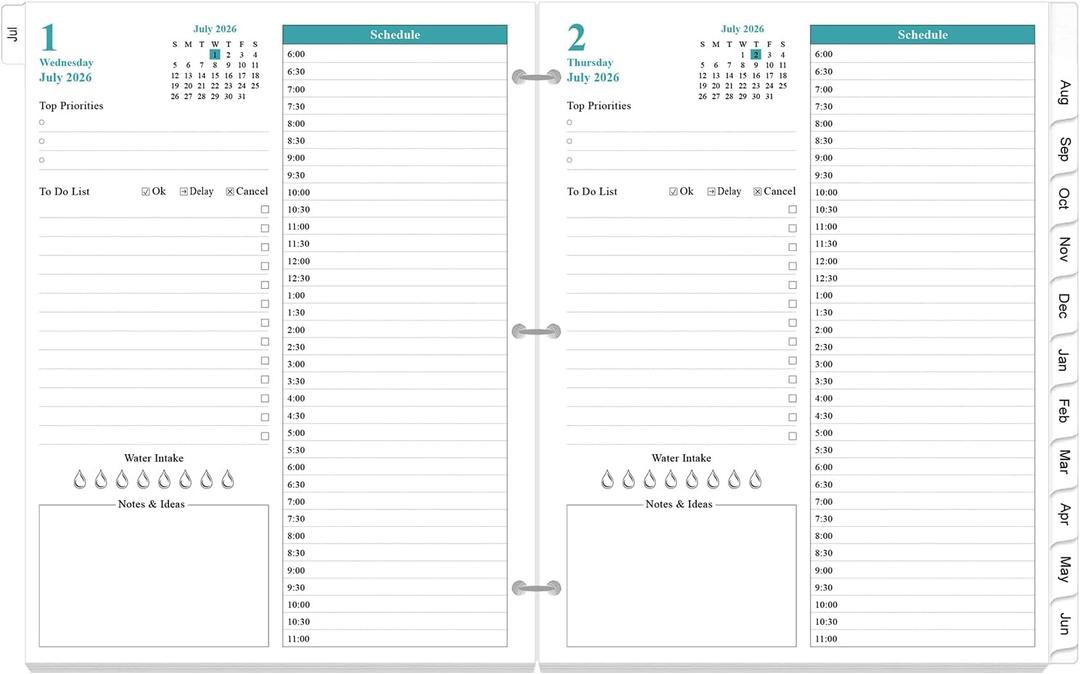 2026-2027 Planner Refill - One Page Per Day, 3-Hole Daily Monthly Planner Refills, July 2026 - June 2027, 8.5" x 11"