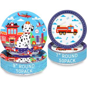 DYLIVeS 100 Pack Firetruck and Dog Plates, Fire Station Fire Dog Dinner Plates Fire Truck Dessert Plates Spotted Dogs Tableware Fire Truck Birthday Party Decorations Firedog Party Supplies for Kids