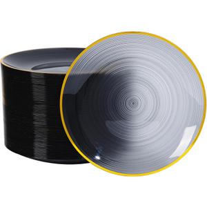 100 Piece Black Gold Plastic Plates, Disposable Heavy Duty Dessert Plates with Gold Rim, 7 in Round Salad Plates for Wedding Party