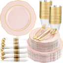 Liacere 350PCS Pink Plates Disposable-PinK Plates 50guest Baroque Plastic Dinnerware include 100Plates, 50Pack Pre Rolled Napkins with Silverware 50Cups Perfect for Wedding Party & Mothers Day