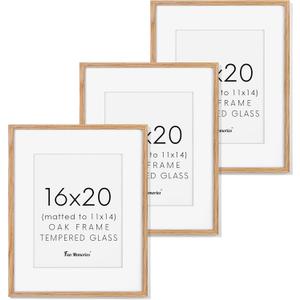 Fun Memories 16x20 Picture Frames Set of 3, Solid Oak Wood Picture Frame 16 by 20, 16x20 Frame with Mat for 11x14, 16 x 20 Frame with Tempered Glass, 16"x20" Poster Frame