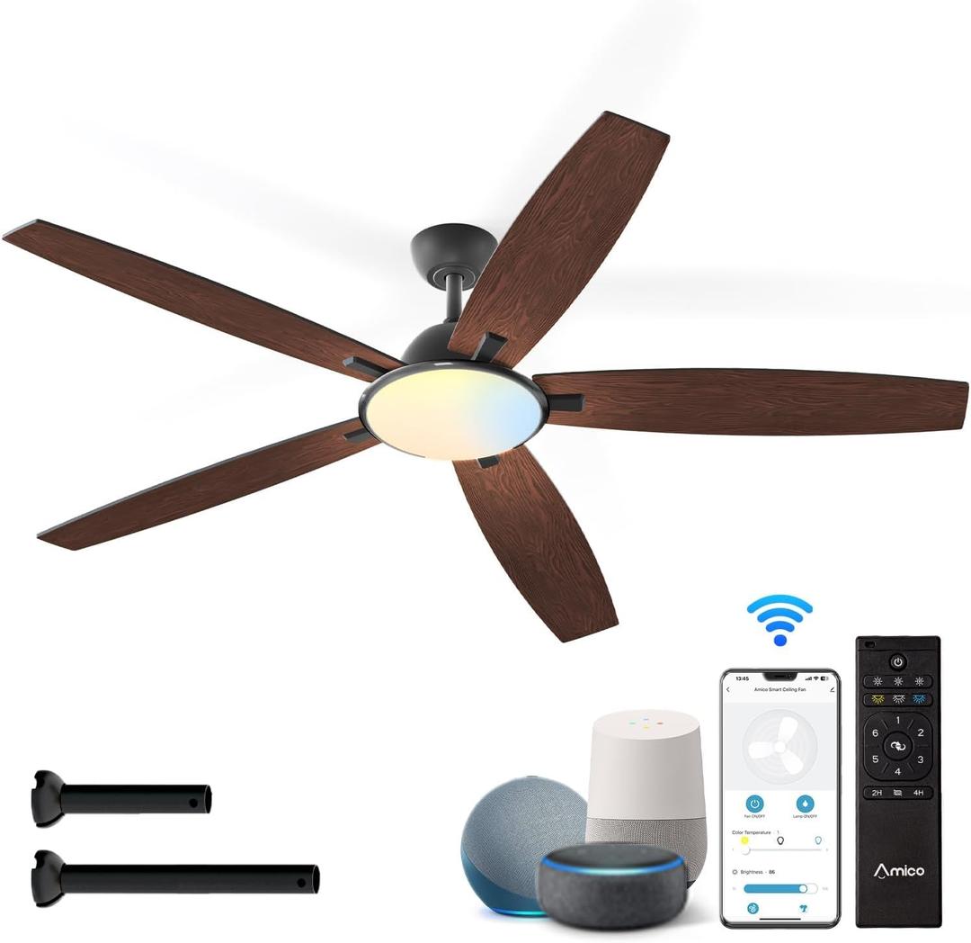 Amico Ceiling Fans with Lights, 52 inch Smart Ceiling Fan with Remote/APP/Alexa Control, Reversible DC Motor, 5 Blades, 6 Speeds, 3CCT, Dimmable, Noiseless, Wifi Ceiling Fan for Bedroom, Farmhouse (Black)