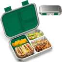 BOSEDSANG Stainless Steel Kids Leak-Resistant Bento Lunch Box, 3-Compartments with Silicone Container, Dishwasher-Safe, Child-Friendly Design for School, Picnics & Travel, BPA-Free (Green)