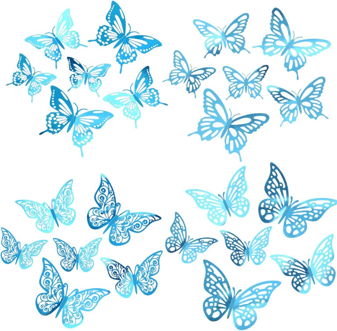 48Pcs 3D Butterfly Wall Decor - 3 Sizes, 4 Styles Decorations for Party, Birthday, Cake - Removable Shiny Blue Stickers for Kids, Baby, Girls Bedroom, Classroom, Offices