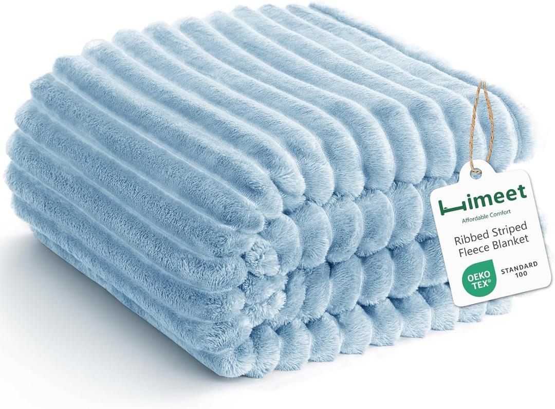 Light Blue Ribbed Throw Blanket for Couch - 300GSM Lightweight Soft Fleece Blanket for Women Men, Cozy Blankets for Mothers Gifts, Striped Spring Home Room Decor, Light Blue, 50x60 Inches