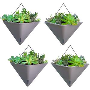 LaLaGreen Wall Planters for Indoor Plants - 4 Pack, 12 Inch Large Self Watering Gray Geometric Hanging Flower Vase Vessel with Metal Hanger, Modern Stylish Wall Mounted Succulent Pot Holder Decor