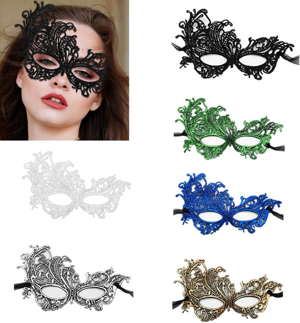 LSHDXD 6PCS Multi-color Mass Pack Halloween Lace Mask Masquerade,Half Face Masquerade,Venetian Mask Lace Eye Phoenix Mask for Carnival Ball Party