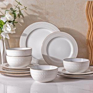 GBHOME Ceramic Dinnerware Sets, 12 pcs Embossed Elegant Stoneware Plates and Bowls Sets, Housewarming Wedding Gift | Dishwasher & Microwave Safe | Dishes Set Service for 4 (Pearl White-Diamond)
