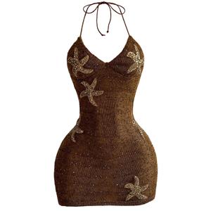RoseSeek Women's Boho Sequin Mini Dress Halter Tie Back V Neck Bodycon Dresses Sparkle Dress Coffee Brown X-Large (Brown, XL)