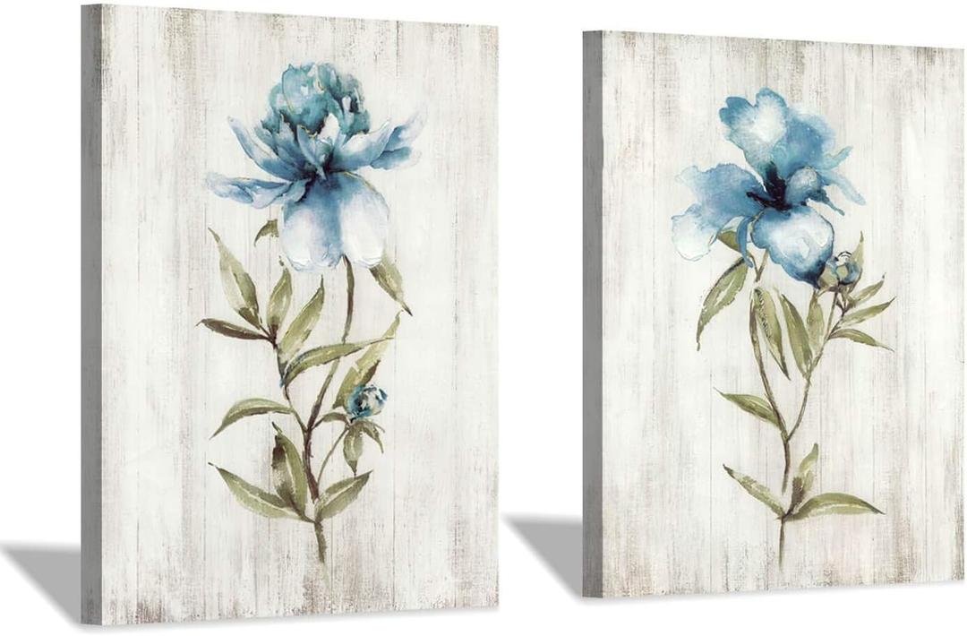 Blue Flower Canvas Wall Art: Botanical Floral Artwork Wildflower Picture Painting for Bedroom (24'' x 18'' x 2 Panels) (18" x 24" x 2 Panels, Flower picture)