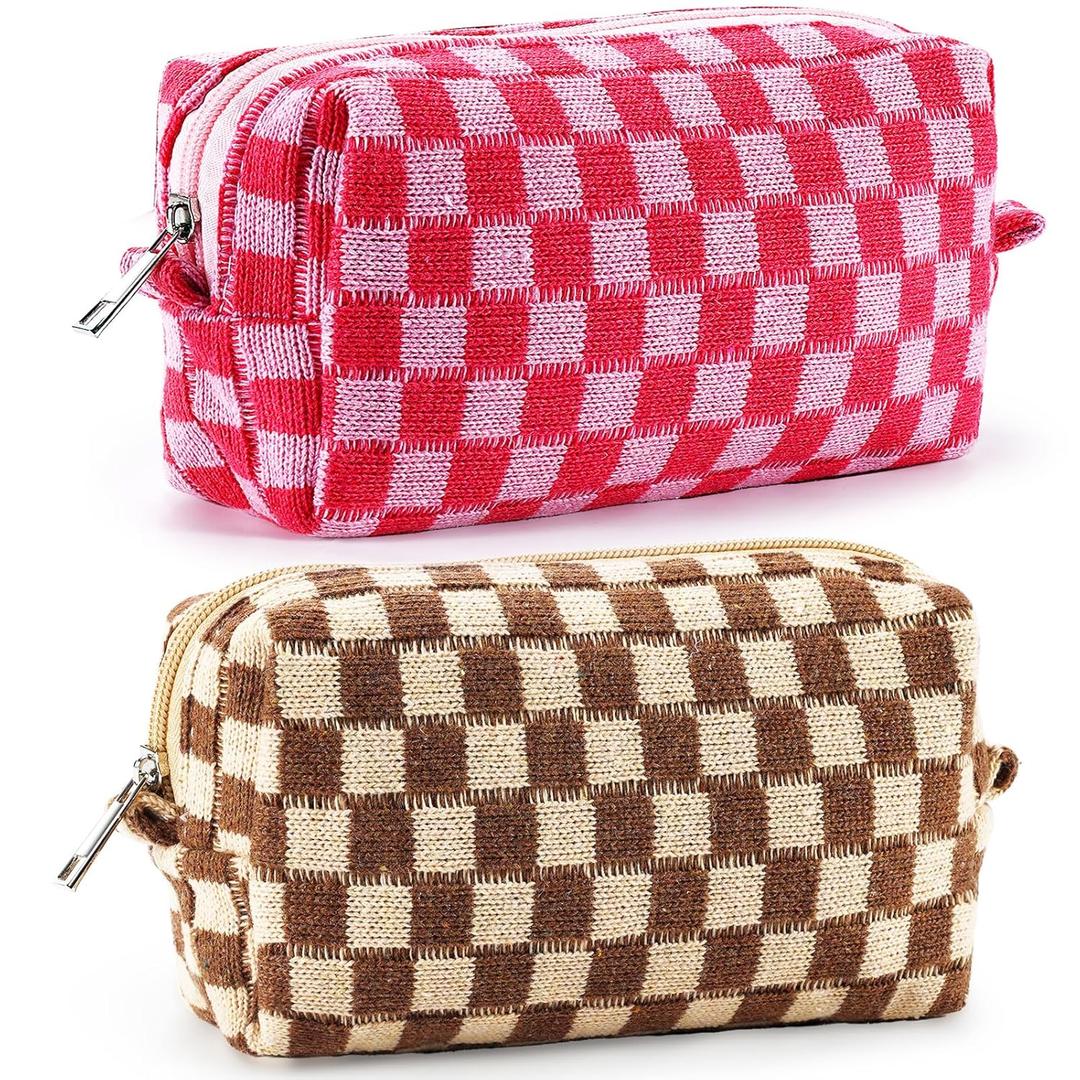 ZLFSRQ 2Pcs Checkered Makeup Bag for Women Medium Travel Cosmetic Bags Checkered Makeup Pouch for Purse Zipper Toiletry Bag Organizer Cute Y2K Aesthetic Trendy Adults Preppy Pencil Bags(Pink/Brown) (BN Checkered 2Pcs M Pink/Brown)