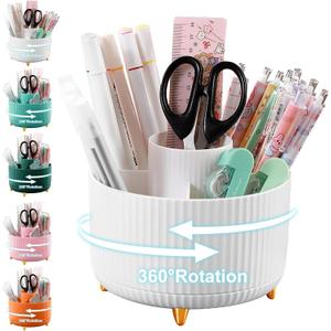 Pencil Holder For Desk,5 Slots 360Degree Rotating Desk Organizers And Accessories,Desktop Storage Stationery Supplies Organizer, Cute Pencil Cup Pot For Office, School, Home (B-White)