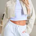 Women's Cropped Jacket Casual Zip Up Long Sleeve Lapel Crop Tops Jackets Coat (Beige, M)