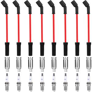 8 Pcs Spark Plug Wires Set & 41-110 Iridium Spark Plugs Compatible with 2000-2013 Chevy Silverado Tahoe Suburban GMC Sierra Yukon Cadillac Escalade 4.8 5.3 6.0 6.2 L, Replace for 41-162 9748HH 9748UU