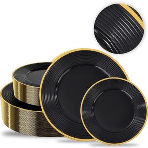 Liacere 100PCS Black Plastic Plates - Heavy Duty Disposable Plates - Black and Gold Plate Include Dinner/Dessert Plate for Wedding & Holiday Party & Birthday & Graduation