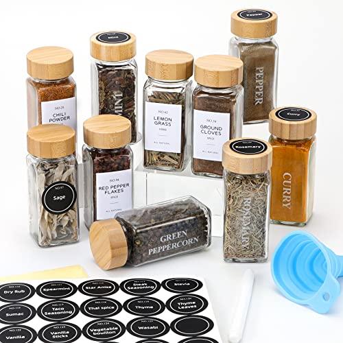 NETANY 23 Pcs Glass Spice Jars with Bamboo Lids, 4 oz Glass Jars with Minimalist Farmhouse Spice Labels Stickers, Collapsible Funnel, Seasoning Storage Bottles for Spice Rack, Cabinet, Drawer