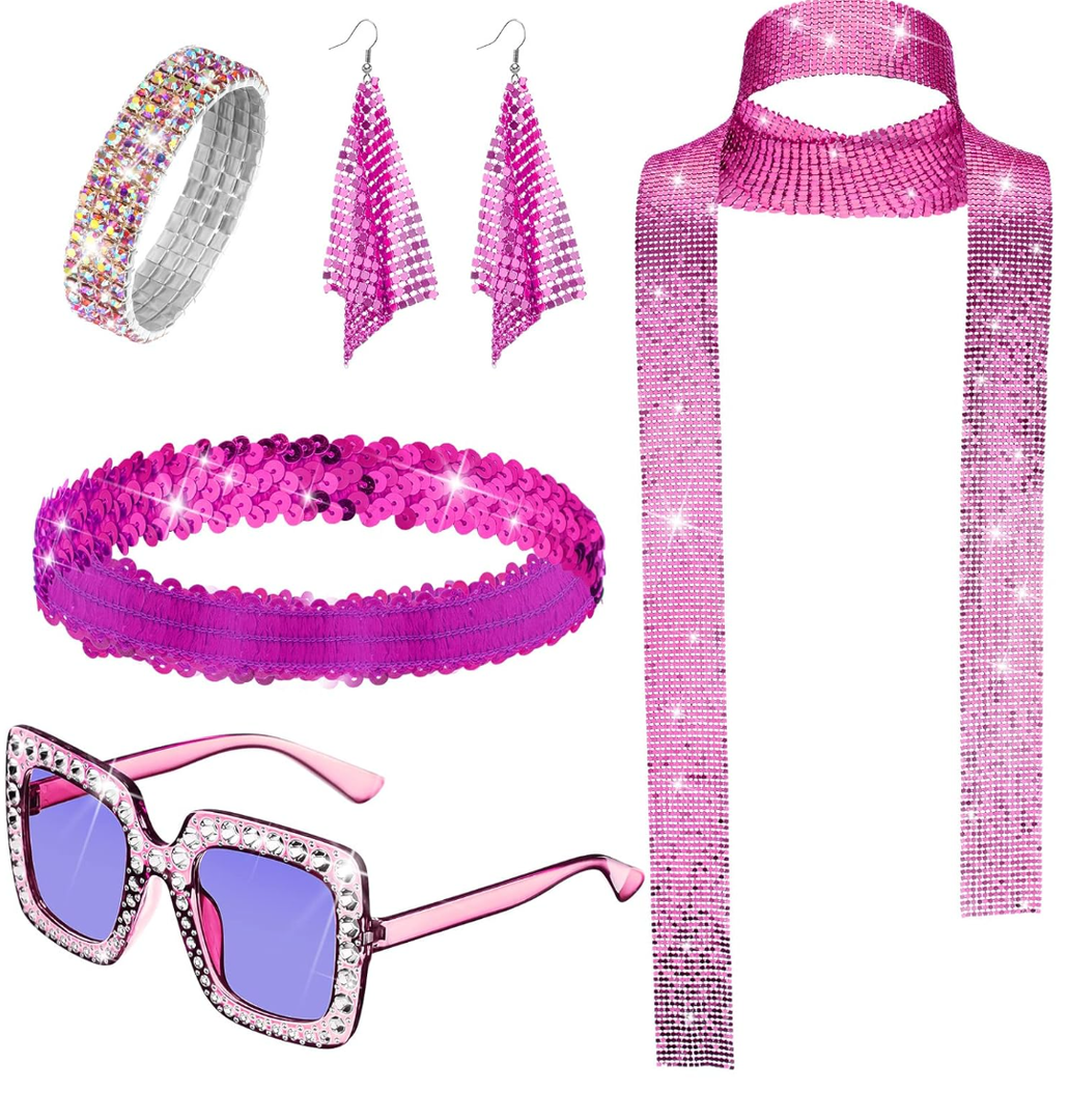Sasylvia 5 Pcs 70s Disco Accessories Halloween Women Costume Jewelry Sequin Scarf Earrings Sunglasses Bracelet Headband