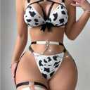 WDIRARA Women's 9 Piece Cow Print Hollow Out Strappy Lingerie Set with Garter Belt Black and White X-Small
