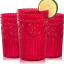 Ciaell 12 Pack Romantic Plastic Water Glasses - 14 Oz Red Vintage Drinking Glasses, Embossed Ribbed Plastic Cups, Textured Striped Set for Juice, Beverages, Beer, Cocktail