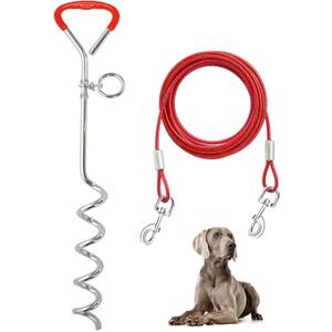 Supet Dog Tie Out Cable and Stake 32/16/10 ft Outdoor, Yard and Camping, for Medium to Large Dogs Up to 125 lbs, 16" Stake, 32/16/10 ft Cable with Durable Spring and Metal Hooks for Outdoor (Red)