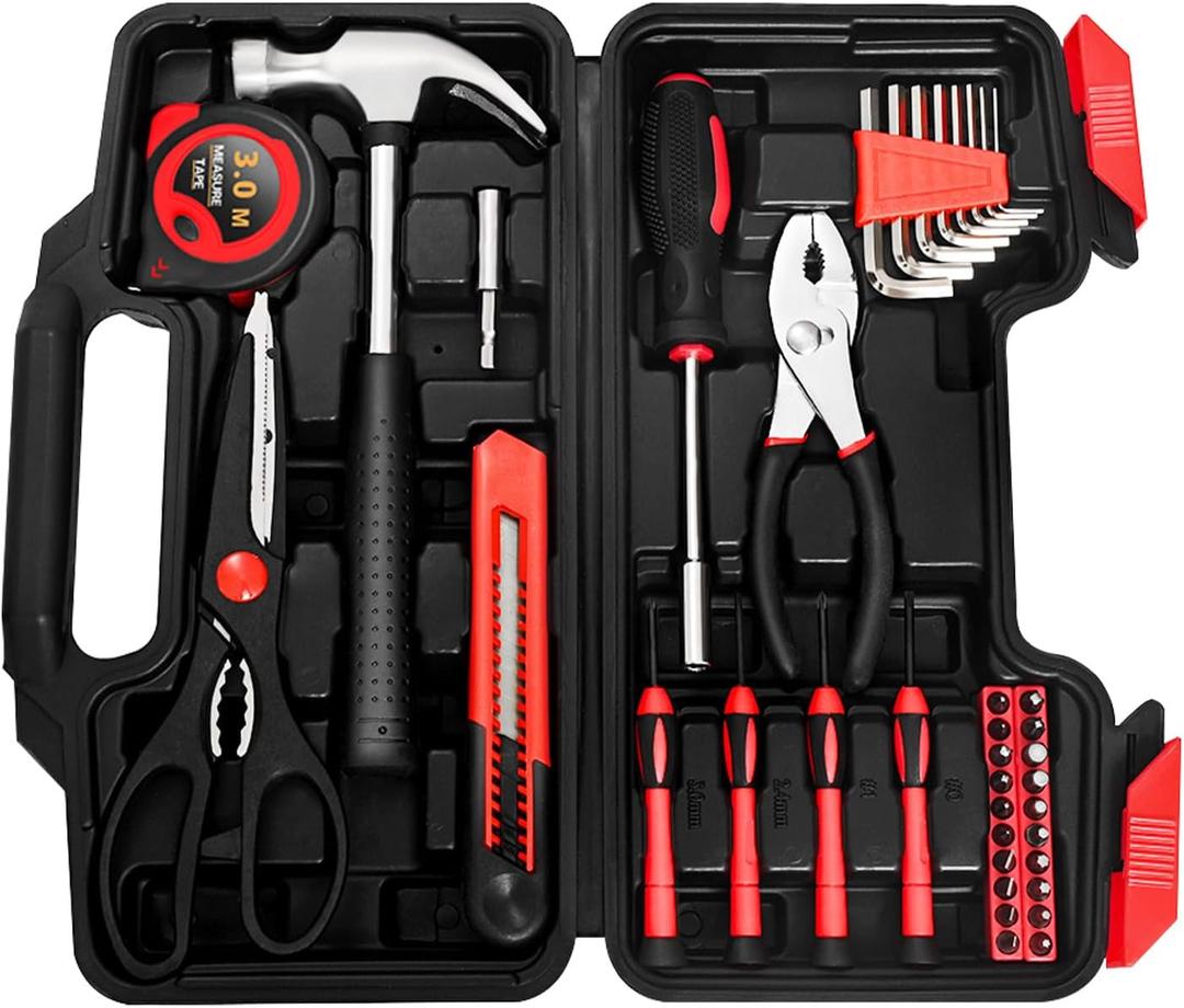 39 Piece Home Tool Kit General Household Hand Tool Set small tool box with Toolbox Storage Case for Everyday Home Repairs, Mini Tool kit for Women, (Red)