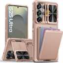 SSLOTSCASE for Samsung Galaxy S25 Ultra Case with Card Holder & Camera Stand & Kickstand & Slide Camera Lens Cover & Wallet, Heavy-Duty Shockproof Protection Phone Cover for S25 Ultra 6.9", Rose Gold