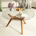 Glass Coffee Table, Small Round Coffee Tables with Solid Wood Legs, Mid Century Modern Center Table with Glass Top for Small Spaces, Living Room, 31.5x31.5x16.9