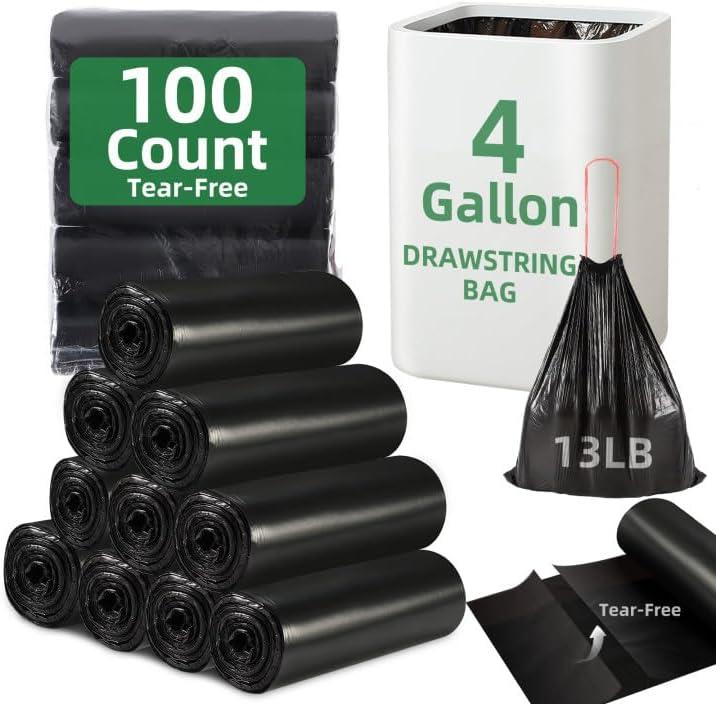 100 Counts 4 Gallon Trash Bag Drawstring Small Trash Bags, Thick Pre-separated Garbage Bags, Trash Bin Liners, Suitable for bathroom, kitchen, bedroom, office (Black)