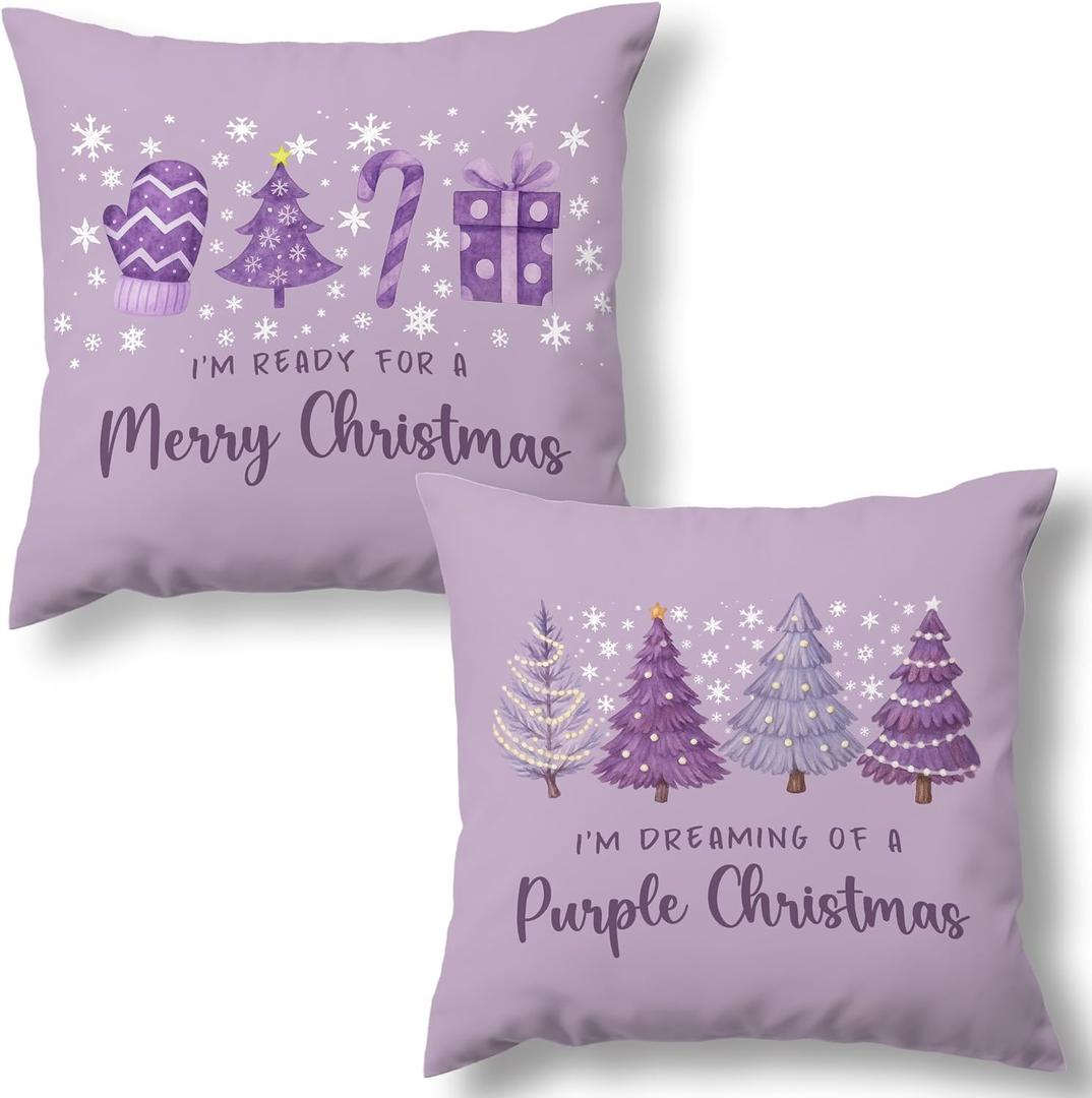I'm Dreaming of A Purple Christmas Tree Decorative Throw Pillow Covers Set of 2, Trendy Coquette Pillows Covers for Girly Room Girls,Preppy Pillow Cases Decor for Couch Bedroom Winter 18x18in