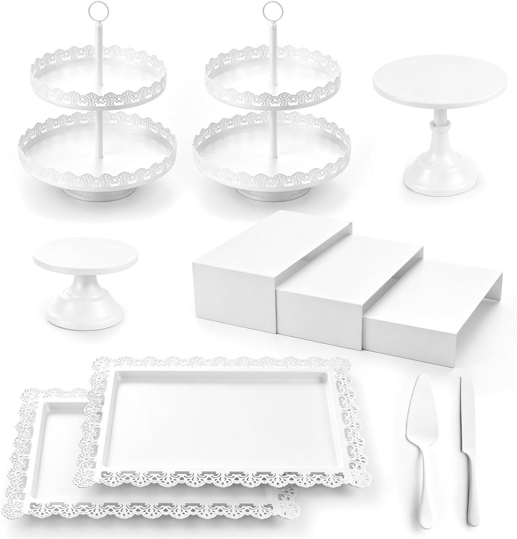 11 Pcs White Dessert Table Display Set, Dessert Stands Set including Cake Stands, Cupcake Tower Stand, Dessert Tray, Cake Cutting Set, Easy to Clean Desert Table Display Set