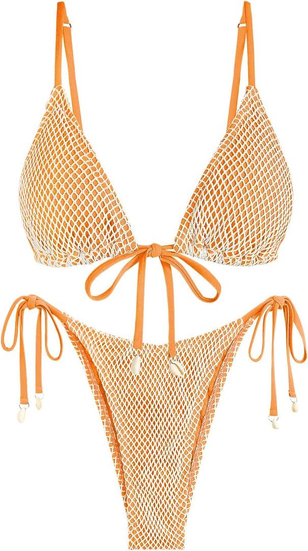 ZAFUL Women Triangle String Two Piece Bikini Fishnet Mesh Tie Shell Decor Tanga 2 Piece Swimsuit (Medium)