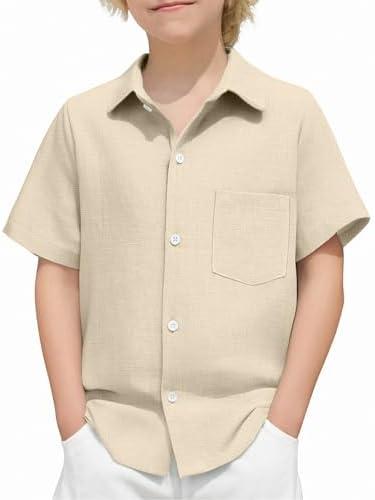 Arshiner Boys Button Down Shirt 100% Cotton Short Sleeve Shirt Solid Summer Beach Shirts with Pocket Size 150
