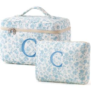 HBselect 2Pcs Blueflower Initial Makeup Bag Personalized Quilted Cosmetic Bag, Style: C