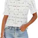 LUXVEER Women's Eyelet Tops Puff Short Sleeve Blouses Dressy Casual Cute Hollow Out Crochet Lace Embroidered Summer Shirts S