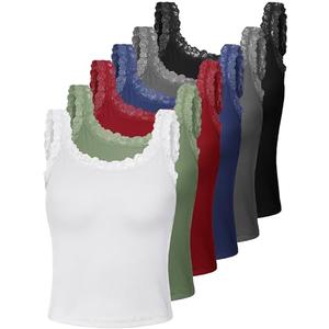 6 Pieces Lace Camisole Tank Tops Lace Trim Camisole Straps Womens Cami Undershirt Ribbed Tank Tops for Women(L Size,Black, Dark Gray, Navy Blue, Wine Red, Military Green, White)