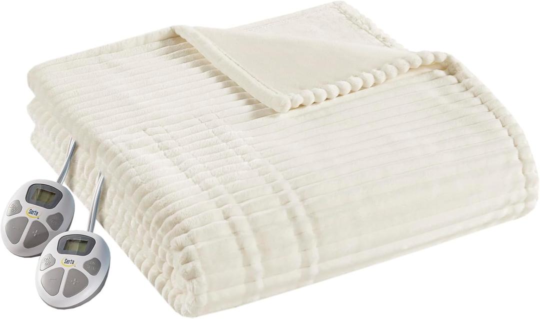 Serta Electric Blanket, Soft, Ribbed, Plush Heating Blanket King for Office, Couch, 1-12 hr Auto Shut Off Timer, 10 Lv Heating, ETL Certified, King 100"x90" Marshmallow