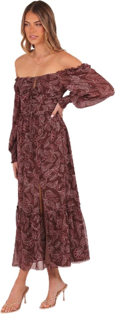 Petal & Pup Women's Keziah-Long-Sleeve-Maxi-Dress-Burgundy-Paisley (Medium)