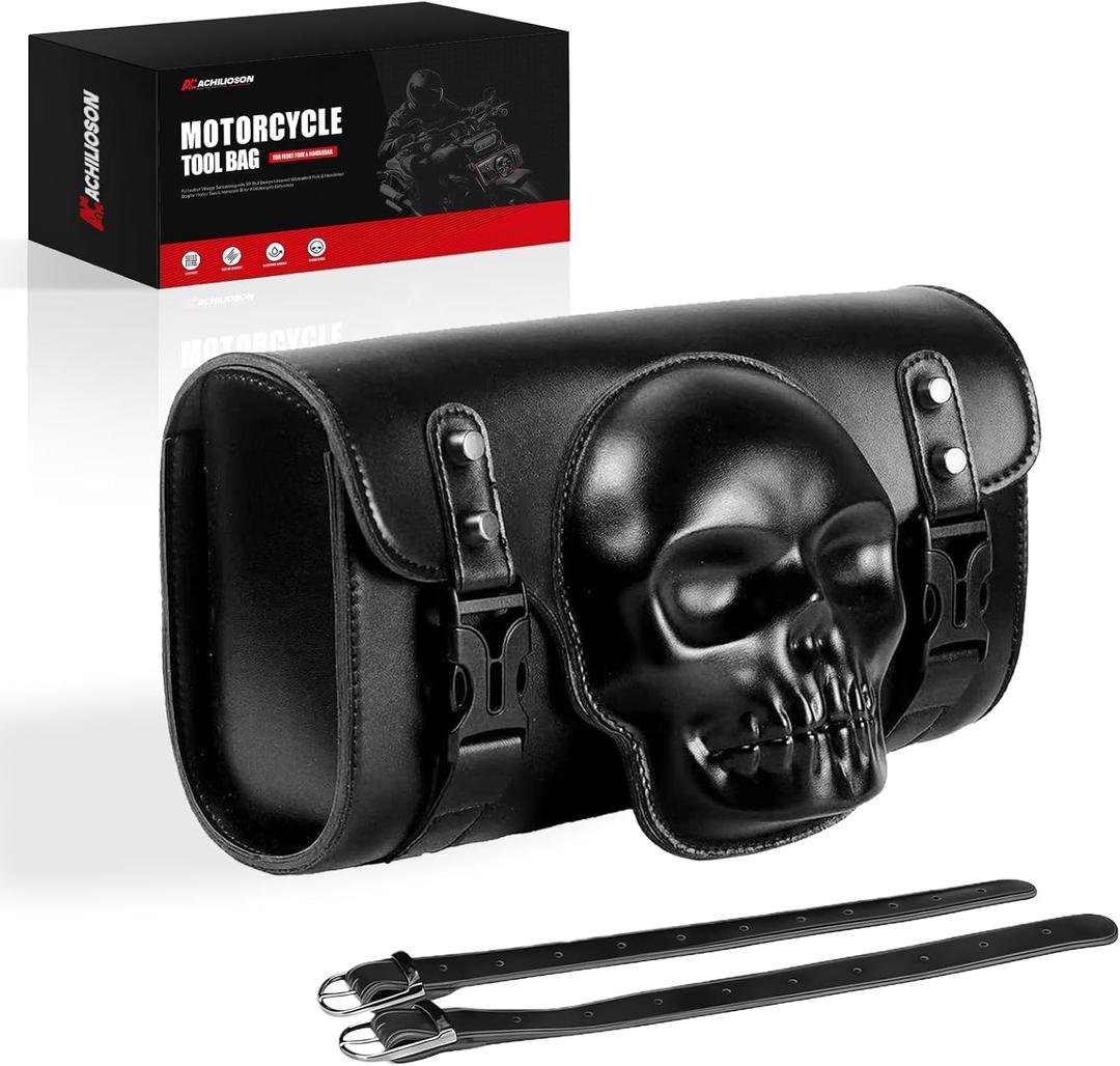 Motorcycle Tool Bag - PU Leather Vintage Saddlebag with 3D Skull Design, Universal Waterproof Fork & Handlebar Bag for Harley, Suzuki, Kawasaki & for All Motorcycle Enthusiasts.