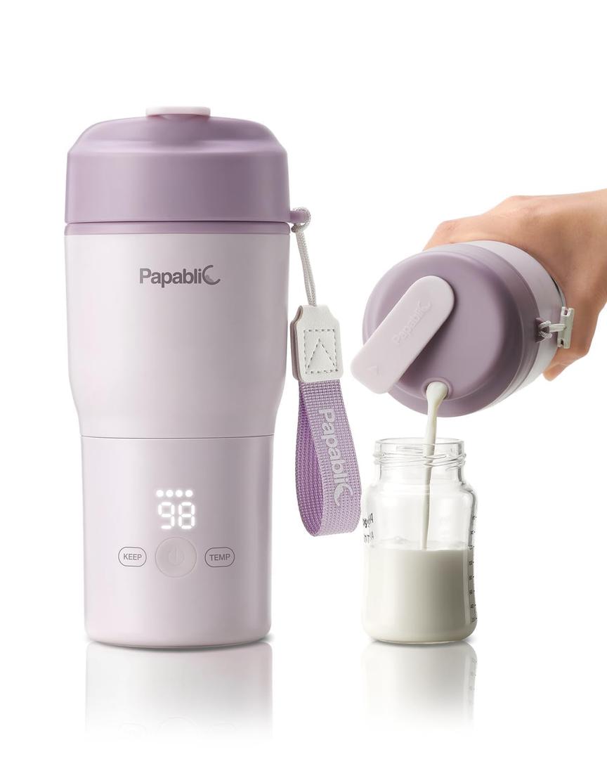 Papablic Portable Bottle Warmer, 85W Fast Baby Bottle Warmer for Travel & Home, Heats Breastmilk & Formula & Water, 4 Temperature Settings, Wide Mouth, Fits Car Cup Holder (Purple)