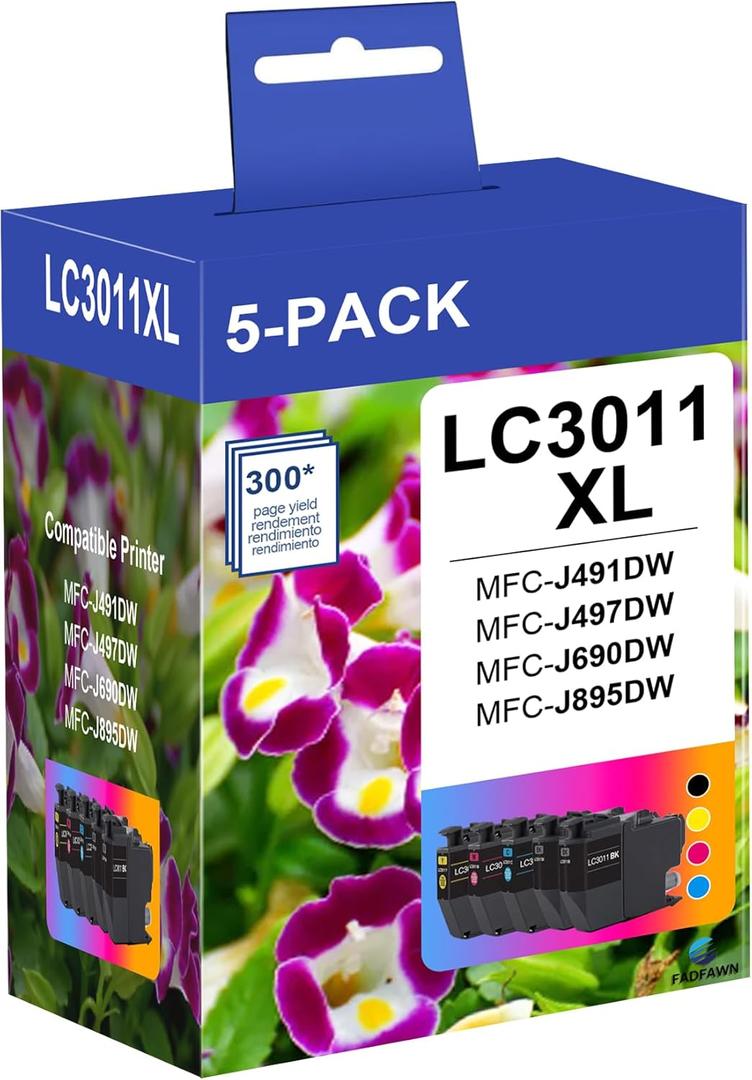 LC3011 XL BK/C/M/Y Ink Cartridge Set, High Yield 5-Pack(2 Black, 1 Cyan, 1 Magenta, 1 Yellow) - Replacement for Brother MFC-J491DW MFC-J497DW MFC-J690DW MFC-J895DW Printer