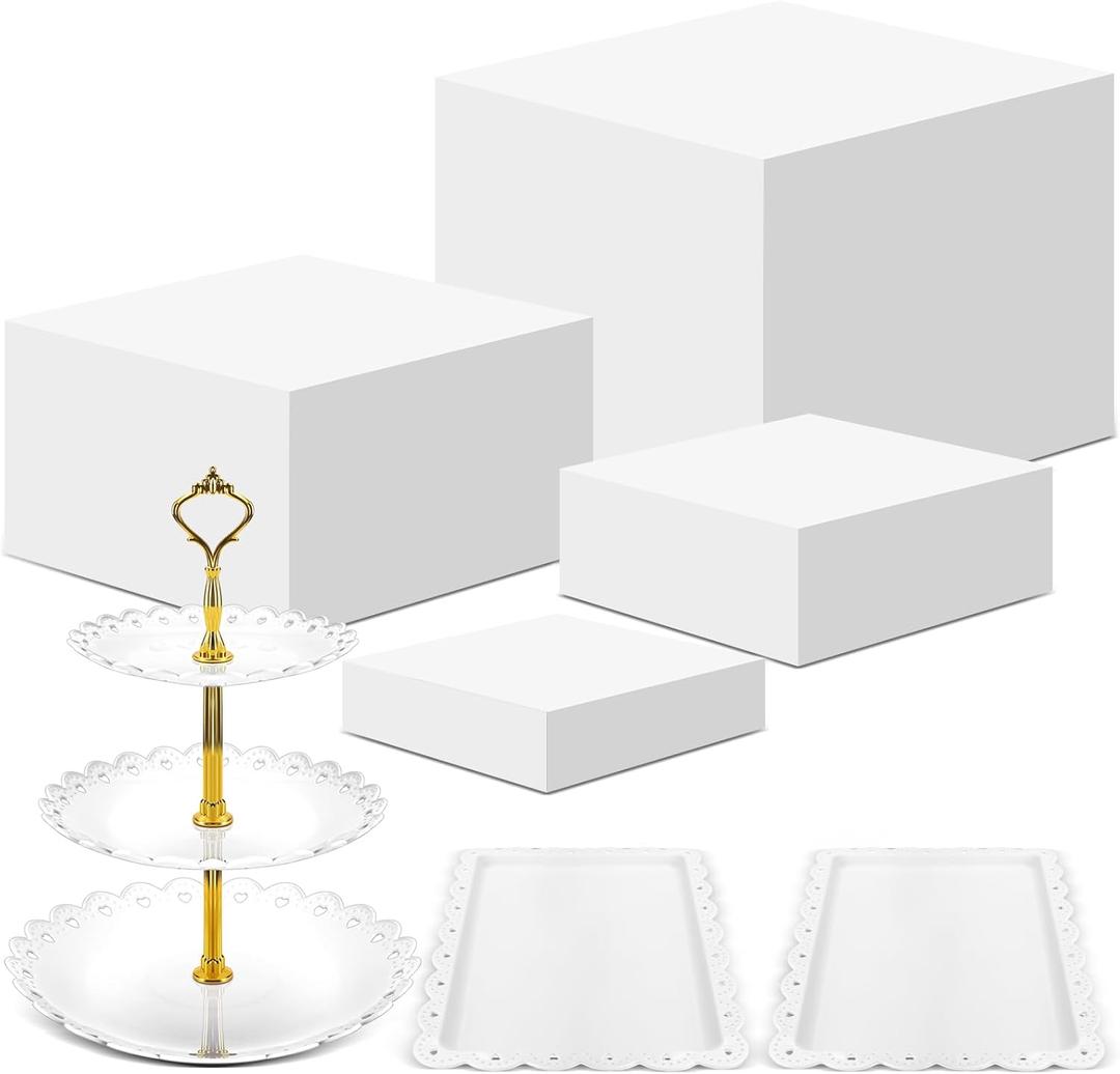 Baderke 4 Pcs Buffet Risers with Cupcake Stand Holder Serving Tray, Food Risers for Buffet Table, Display Stand Catering Dessert Collectibles, White Acrylic Cube Boxes Nesting for Party