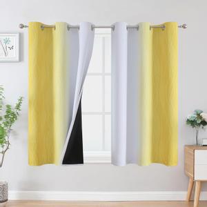Estelar Textiler Yellow and Greyish White Ombre Blackout Curtains 45 Inch Length 2 Panels, Full Room Darkening Gradient Drapes for Kitchen,Thermal Insulated Grommet Short Curtains for Bathroom,42Wx45L
