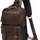 Vintage PU Leather Sling Backpack, Crossbody Shoulder Bag with Adjustable Strap, Multi-Pocket Compact Travel Chest Bag for Daily Use, Dark Brown
