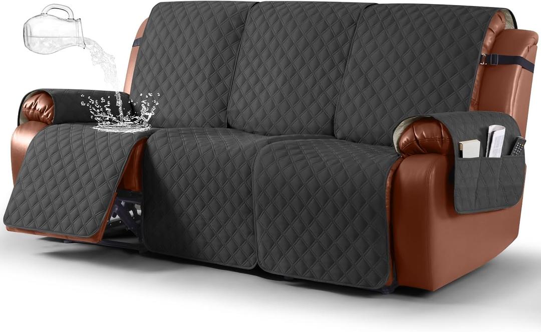 Ruaozz Waterproof Recliner Sofa Covers, 1-Piece Couch Covers for Reclining Couches Reclining Couch Cover Washable Furniture Protector with Elastic Straps Pocket for Kids Pets (Charcoal Grey, 3 Seater)