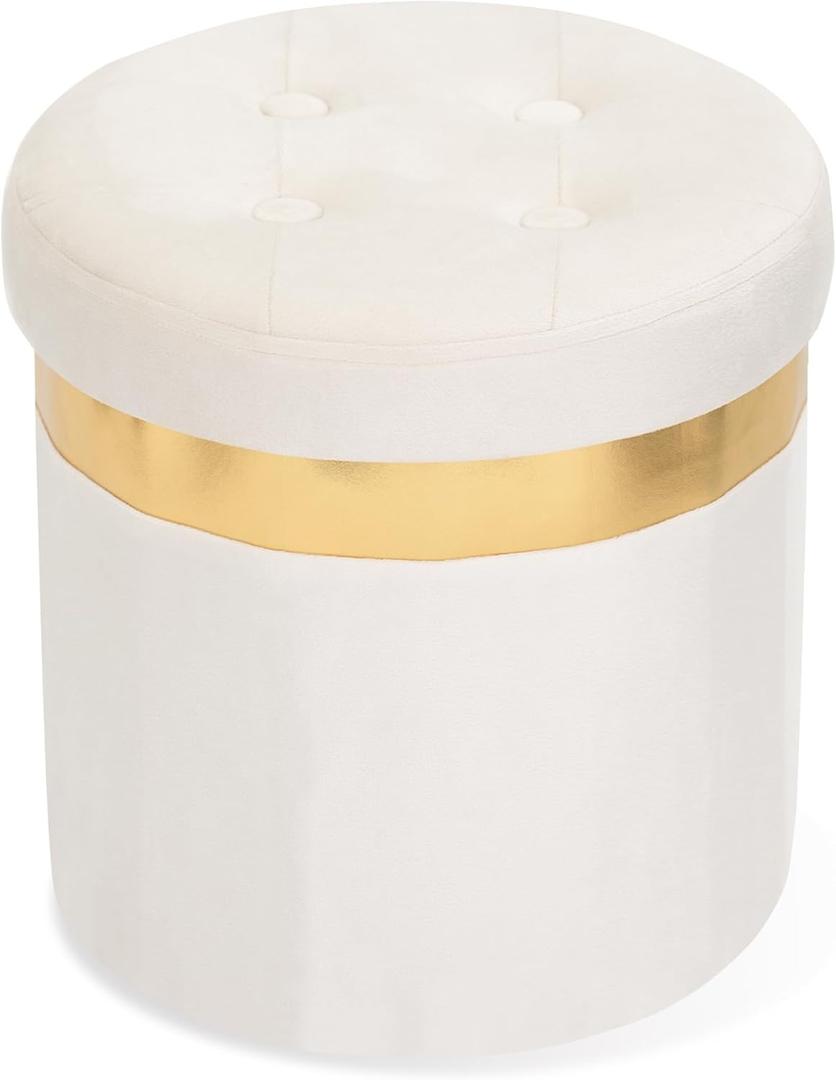 Small Ottoman with Storage,Folding Round Ottoman with Gold Trim,Velvet Storage Stool,Foot Stool with Soft Padded,Foot Rest for Living Room13x13x12.4(Beige,1pcs)