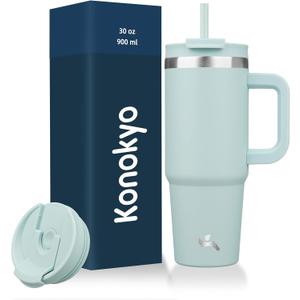 Konokyo 30 oz Tumbler with Handle and 2 Straws,2 in 1 Lid Insulated Water Bottle Stainless Steel Travel Coffee Mug,Blue Haze