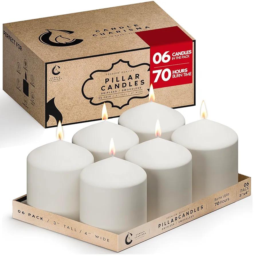 Candle Charisma White Pillar Candles Bulk Pack of 6 – (3x4 Inch) Long-Lasting 70-Hour Burn, Dripless & Smokeless – Perfect for Hassle-Free Decor at Weddings, Fall Table Centerpieces & Special Events