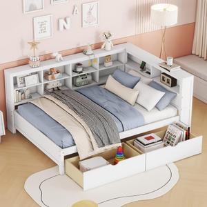 Ball & Cast Full Size Daybed W/Storage,Day Bed W/ 2 Drawers & USB Charging Ports,Sofa Bed W/Storage Shelf,No Box Spring Needed,for Bedroom,Guest Room,White
