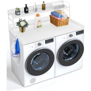 VEVOR 2-Tier Washer Dryer Countertop with Shelf, 54" x 27" Wooden Laundry Countertop with 2 Hooks & Anti-Slip Pads, Washer and Dryer Covers for The Top for Laundry Room Organization and Storage, White